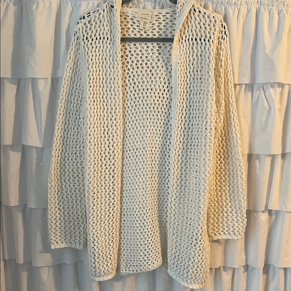 Cream Open-Knit Hooded Cardigan